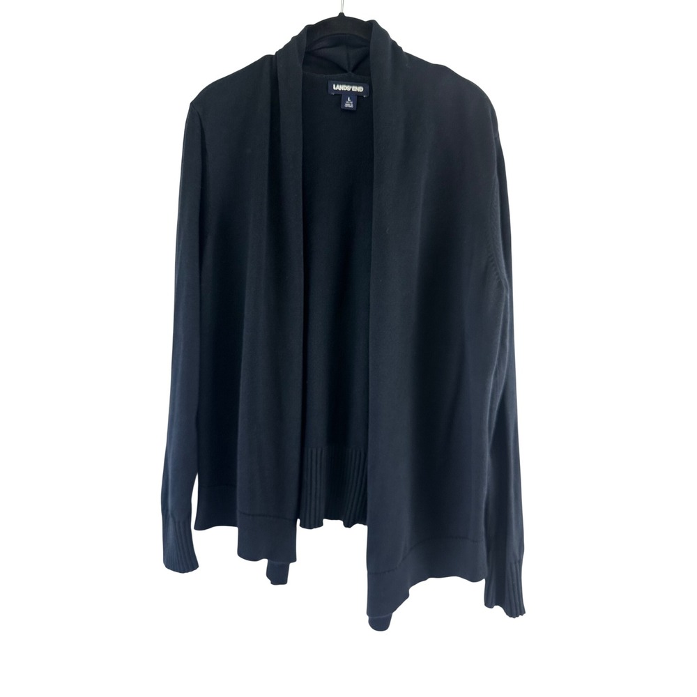 Lands' End Black Open Front Drape Cardigan Sweater Cotton Modal Shawl Large
